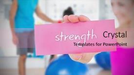  Presentation with strength - Presentation design enhanced with fit blonde holding card saying strength against trainer and client in fitness studio background and a lemonade colored foreground