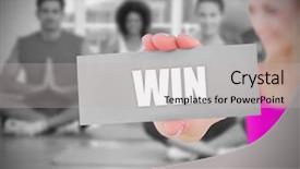  Presentation with win win - Colorful slide set enhanced with fit blonde holding card saying win against yoga class in gym backdrop and a light gray colored foreground