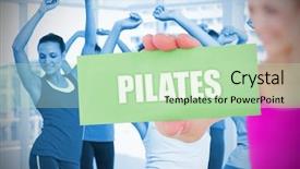  Presentation with pilates - PPT theme with fit blonde holding card saying pilates against fitness class in gym background and a mint green colored foreground