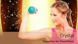  Presentation with flexing - Beautiful presentation theme featuring fit blonde lifting dumbbell and flexing against glittering screen on black background backdrop and a coral colored foreground