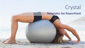  Presentation with beach ball - Presentation design featuring fit blonde stretching her back on exercise ball at the beach on a sunny day background and a sky blue colored foreground