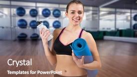  Presentation with sports balls - Audience pleasing PPT layouts consisting of fit brunette holding mat and sports bottle against large empty fitness studio with shelf of exercise balls backdrop and a coral colored foreground
