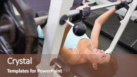  Presentation with barbell - Presentation theme having fit brunette lifting heavy barbell lying on bench at the gym background and a tawny brown colored foreground