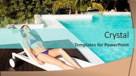  Presentation with fintech app pitch deck - Slide set having fit brunette lying on deck background and a  colored foreground