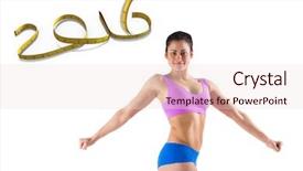  Presentation with camera - Cool new PPT layouts with fit brunette posing and looking at camera against white background with vignette backdrop and a lemonade colored foreground