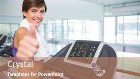  Presentation with treadmill - Presentation with fit brunette smiling at camera on the treadmill showing thumbs up at the gym background and a coral colored foreground