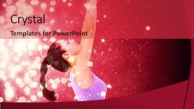  Presentation with shimmering - Presentation design enhanced with fit brunette stretching her arms against light design shimmering on red background and a red colored foreground