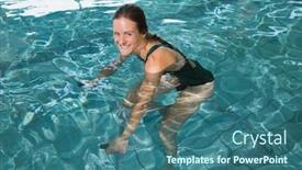  Presentation with exercise bike - PPT theme with fit brunette using underwater exercise bike in swimming pool at the leisure centre background and a ocean colored foreground