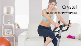  Presentation with exercise bike - Amazing presentation theme having fit brunette working out on exercise bike at home in the living room backdrop and a light gray colored foreground