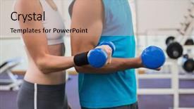  Presentation with gym - Cool new slide set with fit couple exercising with blue dumbbells at the gym backdrop and a coral colored foreground