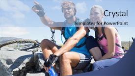  Presentation with cyclist - Audience pleasing theme consisting of fit cyclist couple taking a break on rocky peak on a sunny day backdrop and a light blue colored foreground
