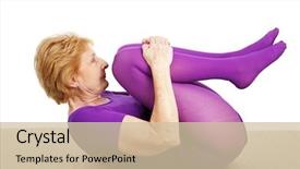  Presentation with flexible - Audience pleasing theme consisting of fit flexible seventy year old woman doing a suppine yoga pose white background backdrop and a soft green colored foreground