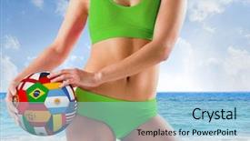  Presentation with beach ball - Amazing presentation theme having fit girl in green bikini holding flag ball against beach scene backdrop and a light blue colored foreground