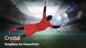  Presentation with football lights - Amazing PPT layouts having fit goal keeper jumping up backdrop and a tawny brown colored foreground