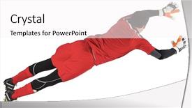  Presentation with mission vision goal - PPT theme consisting of fit goal keeper jumping up background and a  colored foreground