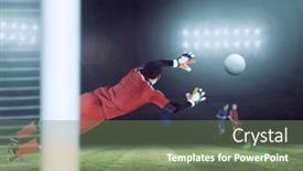  Presentation with goal - Presentation with fit goal keeper jumping up against football pitch under spotlights background and a ocean colored foreground
