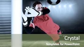  Presentation with football goal post - Colorful PPT theme enhanced with fit goal keeper jumping up backdrop and a violet colored foreground