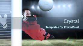  Presentation with goal - Presentation theme with fit goal keeper jumping up against football pitch under spotlights background and a ocean colored foreground