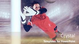  Presentation with goal - PPT theme enhanced with fit goal keeper jumping up against football stadium background and a coral colored foreground