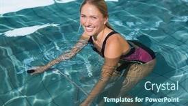  Presentation with exercise bike - PPT theme with fit happy blonde using underwater exercise bike in swimming pool at the leisure centre background and a ocean colored foreground