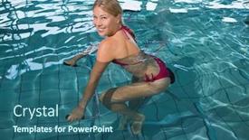  Presentation with exercise bike - PPT theme having fit happy blonde using underwater exercise bike in swimming pool at the leisure centre background and a ocean colored foreground