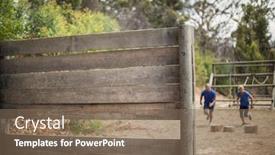  Presentation with obstacle course - PPT theme having fit man and woman running during obstacle course in boot camp background and a violet colored foreground