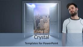  Presentation with man door - Audience pleasing slide set consisting of fit man by door opening backdrop and a seafoam green colored foreground