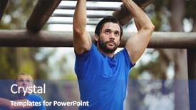  Presentation with business man climbs up to the top of 3d success stairs steps - PPT layouts consisting of fit man climbing monkey bars background and a ocean colored foreground