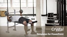  Presentation with barbell - Colorful presentation theme enhanced with fit man exercising with barbell against barbell disc plates arranged backdrop and a violet colored foreground