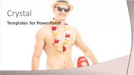  Presentation with beach ball - Presentation theme having fit man in swimming shorts holding a beach ball isolated on white background background and a white colored foreground