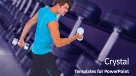  Presentation with lifting weights - Colorful PPT layouts enhanced with fit man lifting heavy dumbbells against heavy black dumbbells on rack in weights room backdrop and a navy blue colored foreground