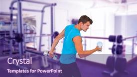  Presentation with lifting weights - Colorful PPT layouts enhanced with fit man lifting heavy dumbbells against empty weights room with bench press backdrop and a violet colored foreground