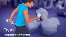  Presentation with lifting weights - Cool new theme with fit man lifting heavy dumbbells against grey dumbbells on the weights room floor backdrop and a ocean colored foreground