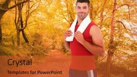  Presentation with peaceful - Cool new presentation theme with fit man smiling at camera against peaceful autumn scene in forest backdrop and a red colored foreground