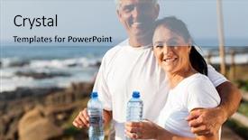  Presentation with benefits of drinking water - Colorful presentation theme enhanced with fit mature couple drinking water backdrop and a light blue colored foreground