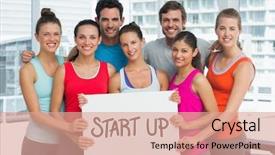  Presentation with digital image - Colorful presentation theme enhanced with fit men and women hold backdrop and a coral colored foreground