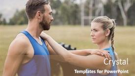  Presentation with boot camp - Theme having fit people performing stretching exercise in boot camp background and a coral colored foreground