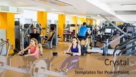  Presentation with machines - Colorful slide set enhanced with fit people working out using backdrop and a  colored foreground