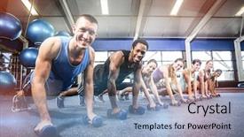 Presentation with physical fitness - Colorful slides enhanced with fit people working backdrop and a light blue colored foreground
