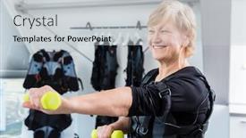  Presentation with ems - Beautiful PPT theme featuring fit-senior-lady-staying-fit backdrop and a light gray colored foreground