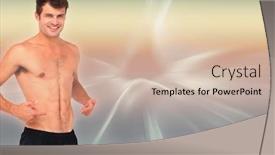  Presentation with camera - Theme enhanced with fit shirtless man smiling at camera against abstract background background and a soft green colored foreground