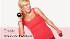  Presentation with height - Presentation with fit smiling blonde woman in shorts lifting a pair of dumbbells to shoulder height as she exercises and works out isolated on white background and a red colored foreground