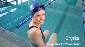  Presentation with swimmer - Audience pleasing presentation design consisting of fit swimmer sitting by the pool smiling at camera at the leisure center backdrop and a ocean colored foreground