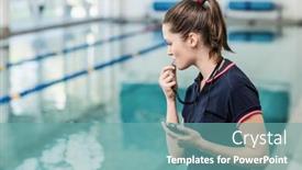  Presentation with whistle - PPT theme with fit woman blowing whistle at the pool background and a seafoam green colored foreground
