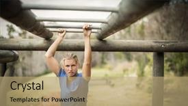  Presentation with obstacle course - PPT theme featuring fit woman climbing monkey bars background and a  colored foreground