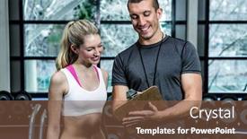  Presentation with performance - Audience pleasing slides consisting of fit woman discussing performance with trainer at gym backdrop and a tawny brown colored foreground