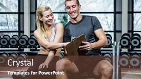  Presentation with performance - Presentation theme having fit woman discussing performance with trainer at gym background and a tawny brown colored foreground