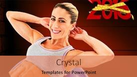  Presentation with dark grey - Amazing PPT theme having fit woman doing sit ups on blue exercise ball smiling at camera against dark grey room backdrop and a coral colored foreground