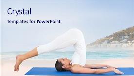  Presentation with plough - Cool new PPT theme with fit woman doing the plough posture in fitness studio against beautiful beach and blue sky backdrop and a sky blue colored foreground
