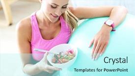  Presentation with healthy eating - Cool new PPT theme with fit woman eating healthy salad backdrop and a arctic colored foreground